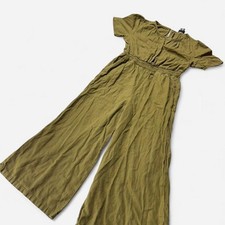 Nicole Miller New York Olive Green Linen Blend Smocked Waist Wide Leg Jumpsuit M picture