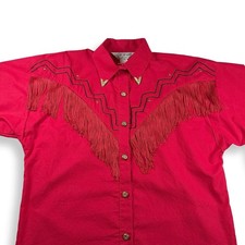 Lilia Smitty Red Western Fringe Button Down Shirt Gold Studs Vintage Large USA picture