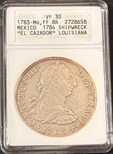1783 Mo Mexico 8 Reales Silver EL CAZADOR 1784 SHIPWRECK  ANACS Certified VF 30 picture