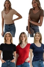 Cyrus Essentials Women Ribbed Short Sleeve Top, V, Scoop, & Crew Neck picture