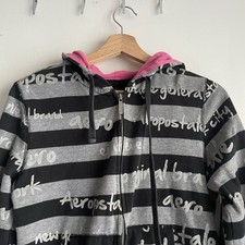 Aéropostale Women’s L Full Zip Hooded Hoodie Gray/Black Striped Pink Logo picture