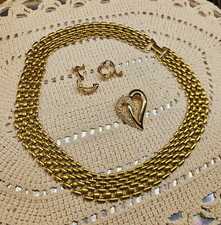 Vintage Napier Lot Gold Tone Necklace Earrings,Rhinestone Heart Brooch picture