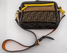 Fendi FF Zucca Nylon Messenger Bag Khaki Black Yellow Trim Crossbody Italy Auth picture
