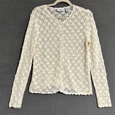 Vintage Nordstrom Sweater S Cream Cotton Ramie Pointelle Bobble Knit Cardigan picture