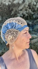 BEAUTIFUL 1920s  ANTIQUE LADIES CROCHETED VICTORIAN LACE NITE CAP SILK RIBBON picture