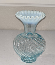 Vintage Fenton Blue Opalescent Spiral Optic Ruffled Vase Melon Body 6.5” x 4.5 