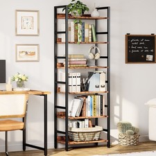 IRONCK 71 in Tall Bookshelf, 6-Tier Industrial Style Metal Rack with Brown Wood picture