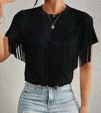 Black  Tee with Fringe Short Sleeve Large picture