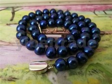stunning round Tahitian 10-11mm black blue pearl necklace 18inch 925s picture