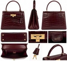 Vintage Gucci  Burgundy Crocodile Top Handle Bag Gold Hardware picture