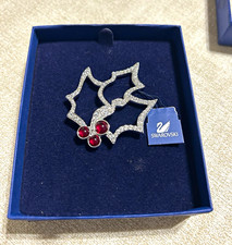 Swarovski Signed Holly Leaf Brooch Pin, Red Crystal Accents, Silver Metal picture