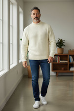 Merokeety Sweater Men's Small Ivory Mock Neck Textured Ribbed Trim Cabincore picture