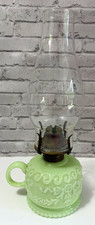 Antique Jadeite Uranium Glass Finger Oil Lamp Swag Floral UV Glow Kerosene 11