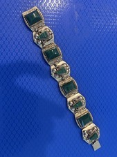 Vintage Hecho Mexico Green Onyx Sterling Silver Panel Bracelet 7 3/8”x1” Taxco picture