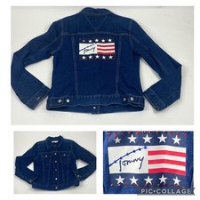 Vintage Tommy Hilfiger Jean Denim Flag Jacket Spell Out 90s Y2K Bling Med picture