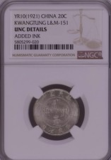 China 1921 Kwangtung Silver 20C NGC UNC Details Added Ink L&M-151 Y-423. picture