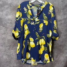 Cocomo Lemon Print Y-Neck Popover Top Size 2X Navy Yellow Studded Pleated NWT picture