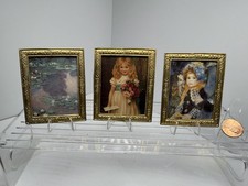 Vtg Dollhouse Miniatures Decor Wall Art~3 pc~Gold Metal Framed Art Works 1:12 picture