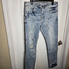 NWT Crysp Denim Men's Distressed Vintage Wash Paint Splatter Skinny Jeans 34/32 picture