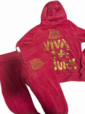 Juicy Couture Pink Velour 2pc Tracksuit Zip Hoodie Pants Logo Pockets L picture