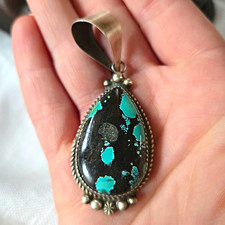 Donovan Nez Navajo Handmade Sterling Silver Blackjack Turquoise Teardrop Pendant picture