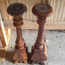 Vintage Pair Antique Wood Newel Posts Salvage Brown Architectural Salvage picture