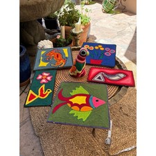 Vintage Huichol Yarn Art Set 5 Wall Plaques & Bird Figurine Mexican Folk Art picture