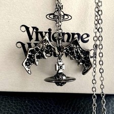 【In Box/Drawstring】Vivienne Westwood Bat Necklace Pendant Black Metallic Chain picture