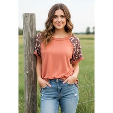 Umgee M Top Orange Mixed Print Fringe Boho Colorblock Casual Artsy Indie Cottage picture