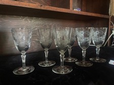 Vtg 50s Libbey Glenmore Etched Floral Wine Glasses Set Of 6 Stemware 5 3/4
