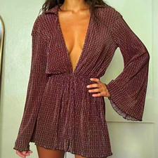 ASOS DESIGN Womens Geometric Romper V-Neck Long Bell Sleeve Brown/Black/White 8 picture