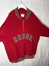 RHUDE Men’s Cotton Knit 1/4 Zip Mock Neck Logo Sweater Solid Red Size XL picture