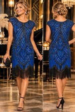 Fundaisy Dress XL Blue Black Sequin Fringe Flapper Great Gatsby Halloween picture