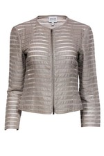 Armani Collezioni - Taupe Leather & Silk Striped Zip-Up Jacket Sz 8 picture