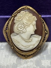 Vintage Carved Shell Cameo Brooch Pendant 1/20 12K Gold Filled Filigree picture