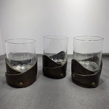 Vintage El Cid Leather Wrapped Rocks Glasses Set of 3 Brown Barware Lowball picture