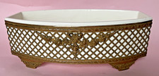 Antique Jardiniere French Bronze/Brass Lattice Ormolu Mounts Ceramic Oval 12x6x4 picture