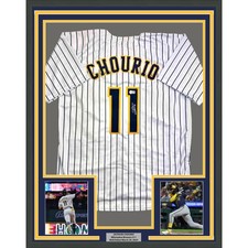 Framed Autographed/Signed Jackson Chourio 35x39 Milwaukee Pin Jersey COA picture