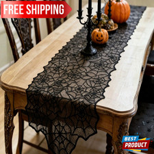 Black Spider Web Table Runner Halloween Lace Tablecloth Spooky Party Home Decor picture