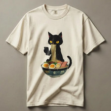 Ramen Cat All Over Print Short Sleeve Black Unisex T- shirt Full Size S-5XL picture