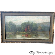 Antique c1920 Hudson River School Style Oil Painting Lake Canoe Cabin Landscape picture