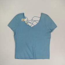 Talbots Short Sleeve V-neck Lattice Back Knit Tops Women's Large Blue NOS VTG HK picture