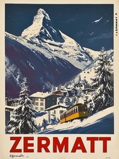 Zermatt Switzerland Vintage Winter Ski Travel Mountain Landscape Poster picture