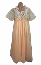 Vintage 1960s Peach Double Chiffon Lace Radcliffe Peignoir Nightgown Robe Set S picture