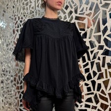 Allsaints Nico Top Blouse Boho Style Asymmetric Black Floral Embroidered US8 picture