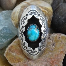 Navajo Raymond Armstrong Signed Turquoise Shadowbox Ring Size 6.25 Sterling picture