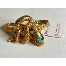 Vintage Coro Snake Scarf Slide Ring Coiled Serpent Green Rhinestone Eyes picture