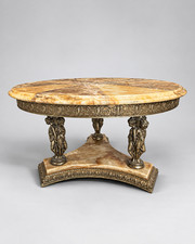 French Empire Brass & Onyx Coffee Table, Figural Nymph Base, Hollywood Regency picture