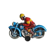 Vintage JW Wilesco Blue Tinplate Friction Motorcycle Racer - Western Germany picture