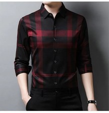 Camisa Ajustada De Seda De Hombres Ropa De Vestir Manga Larga a Cuadros Elegante picture